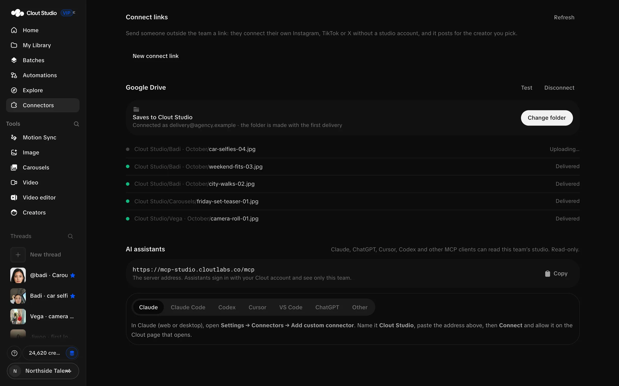 AI assistants connector with the hosted MCP address and connection controls