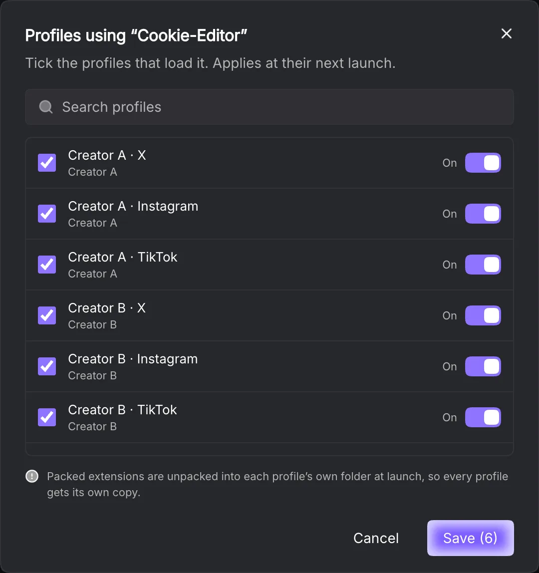 Complete extension assignment dialog with varied synthetic Creator profiles