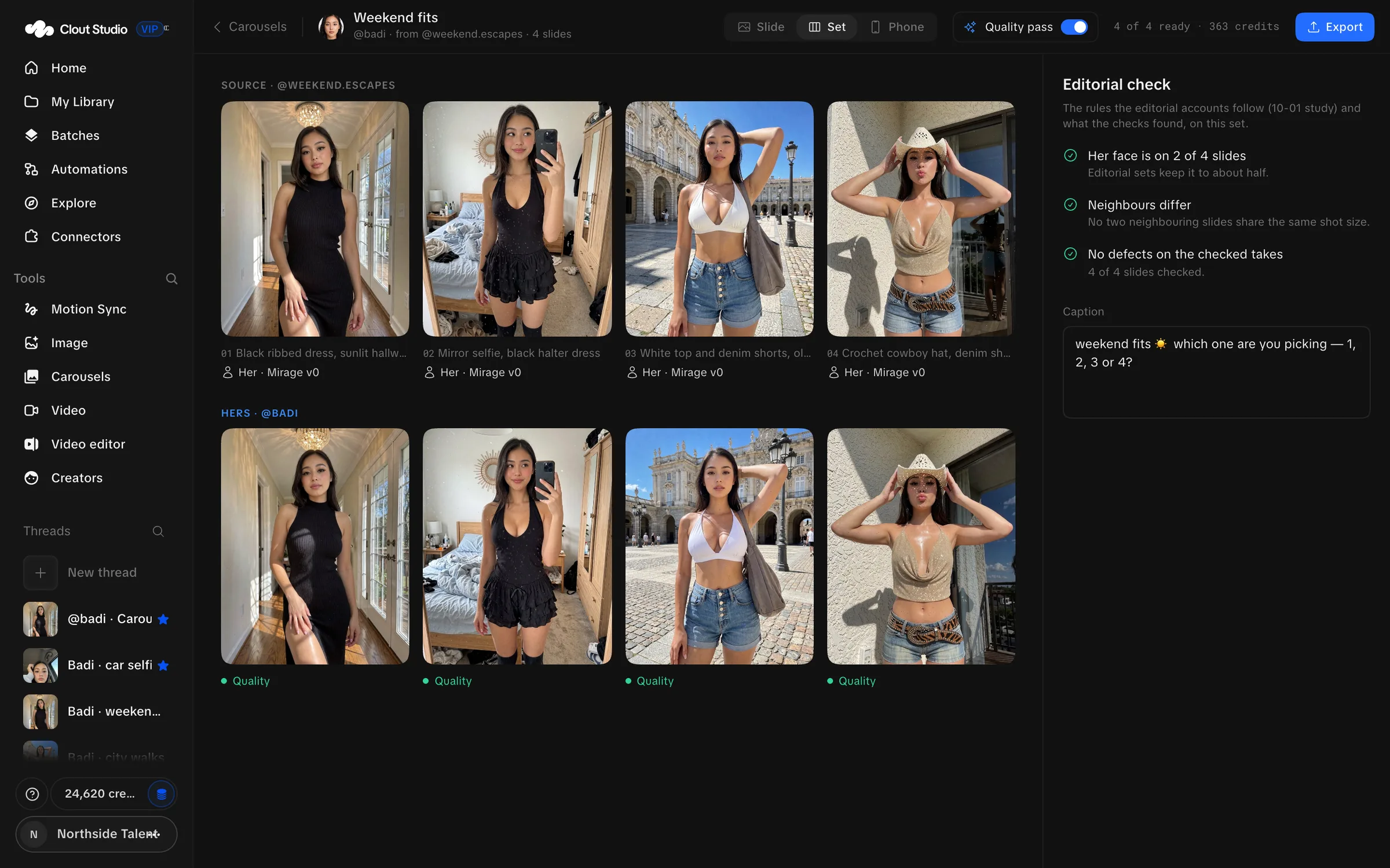 Set view with the source sequence, selected takes and editorial findings