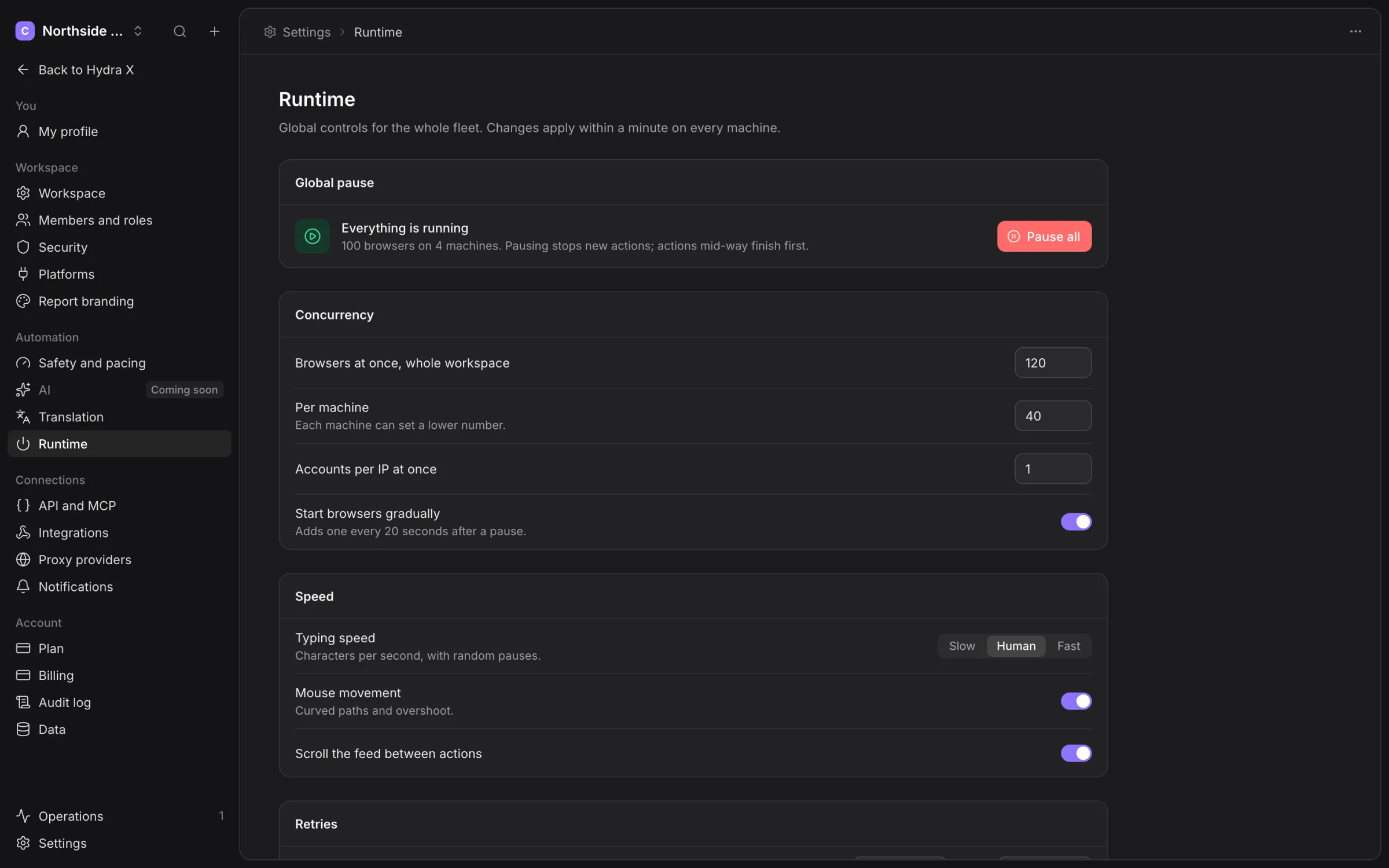 Runtime settings showing Global pause, browser concurrency and speed preferences