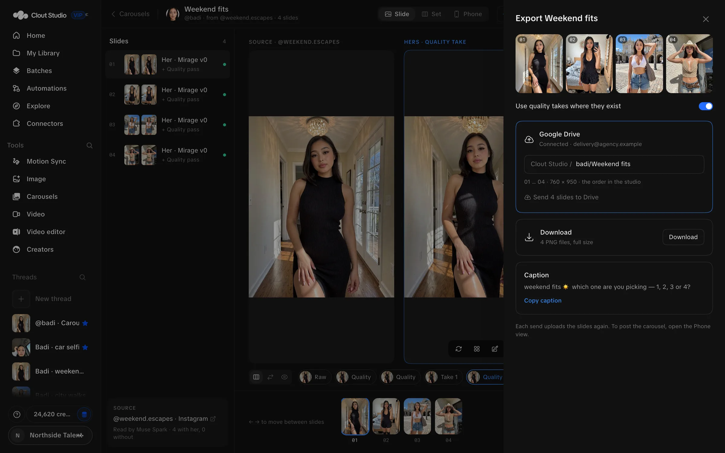 Carousel export panel with ordered thumbnails, Drive destination and download