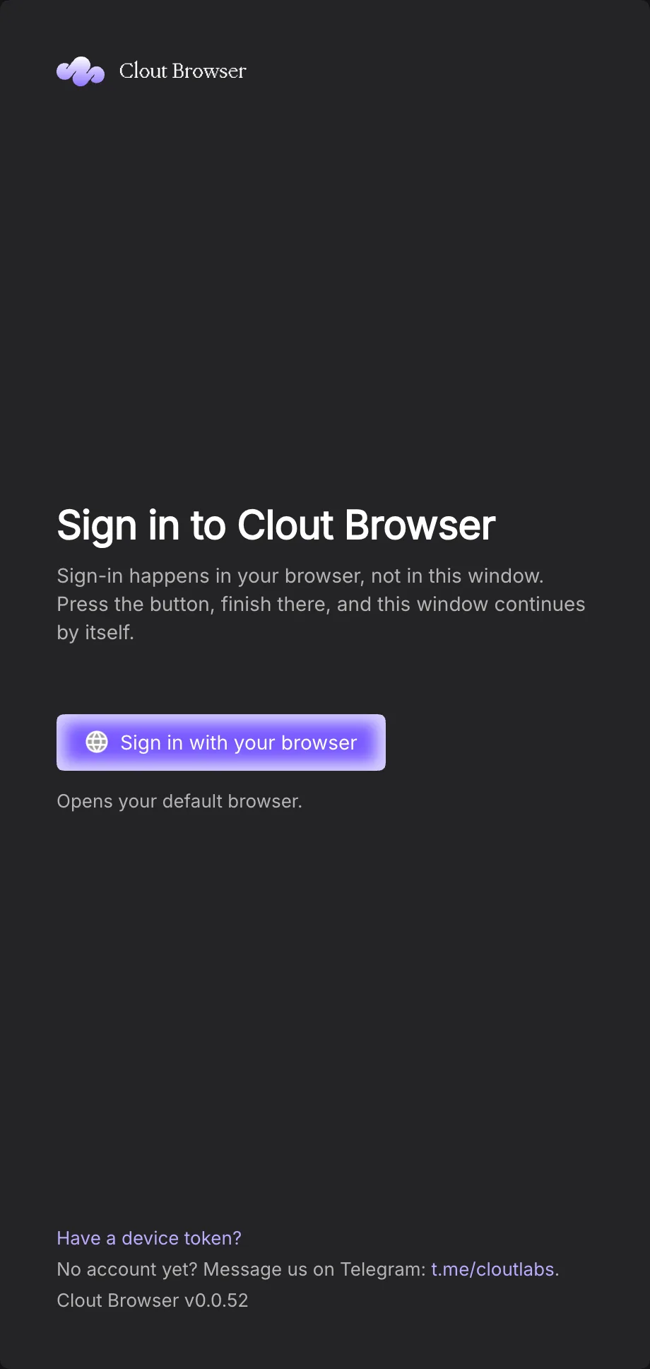 Complete Clout Browser sign-in panel with sign-in and device-join entry points