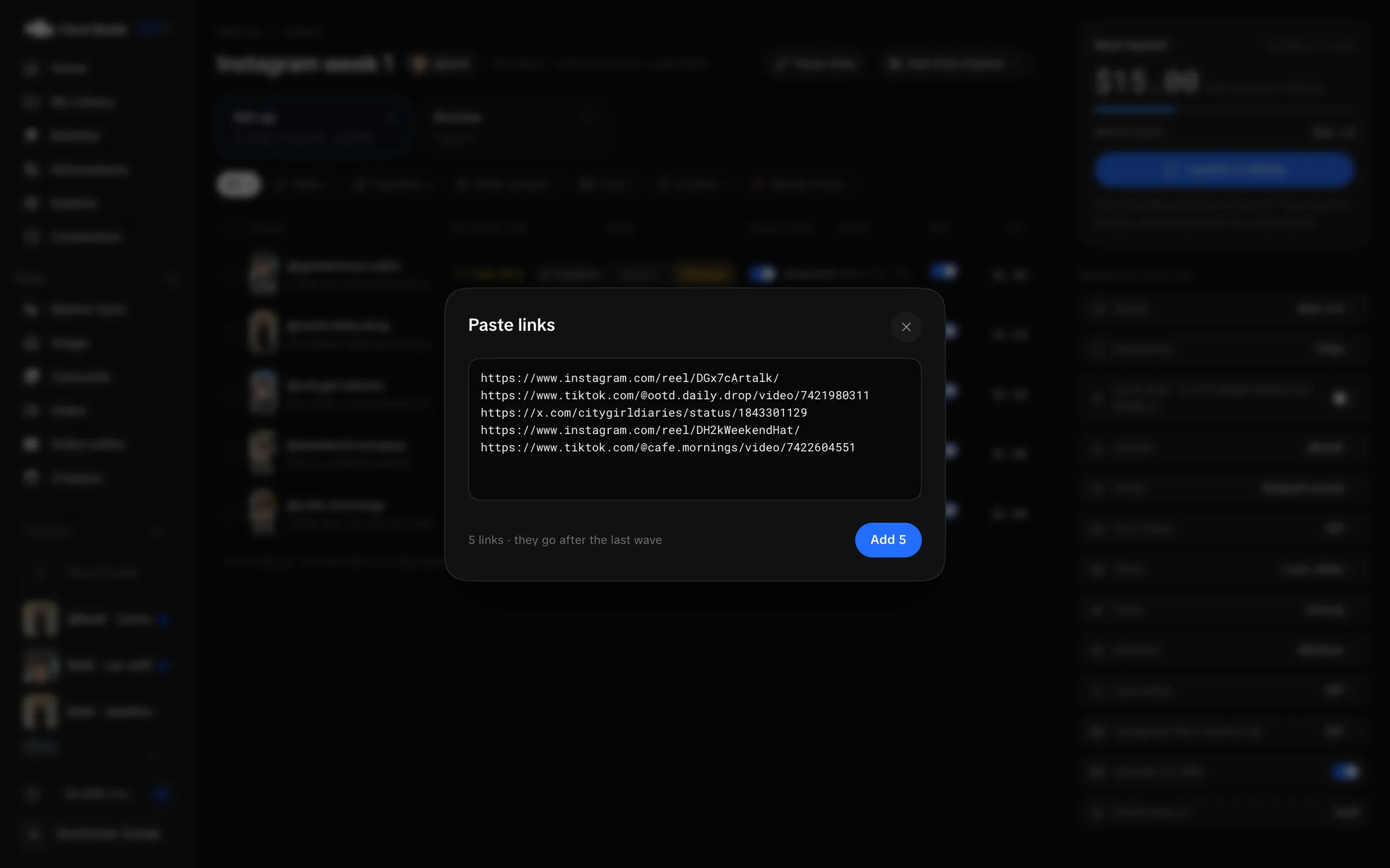 Paste links dialog containing several synthetic source links