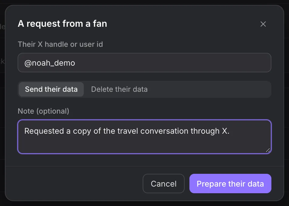 A request from a fan dialog with a synthetic X handle and data export selected