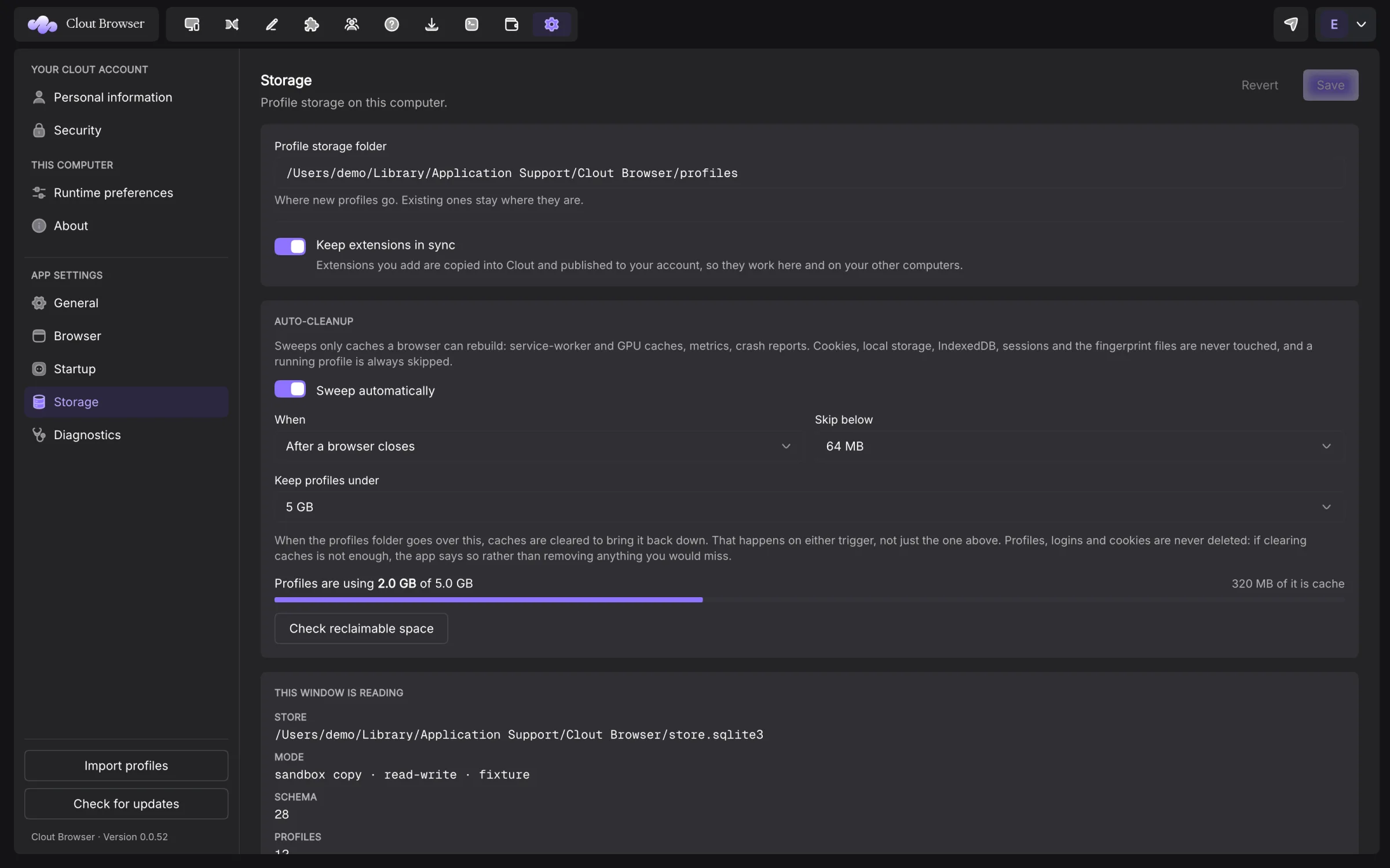 Complete Storage settings window with extension sync and auto-cleanup usage