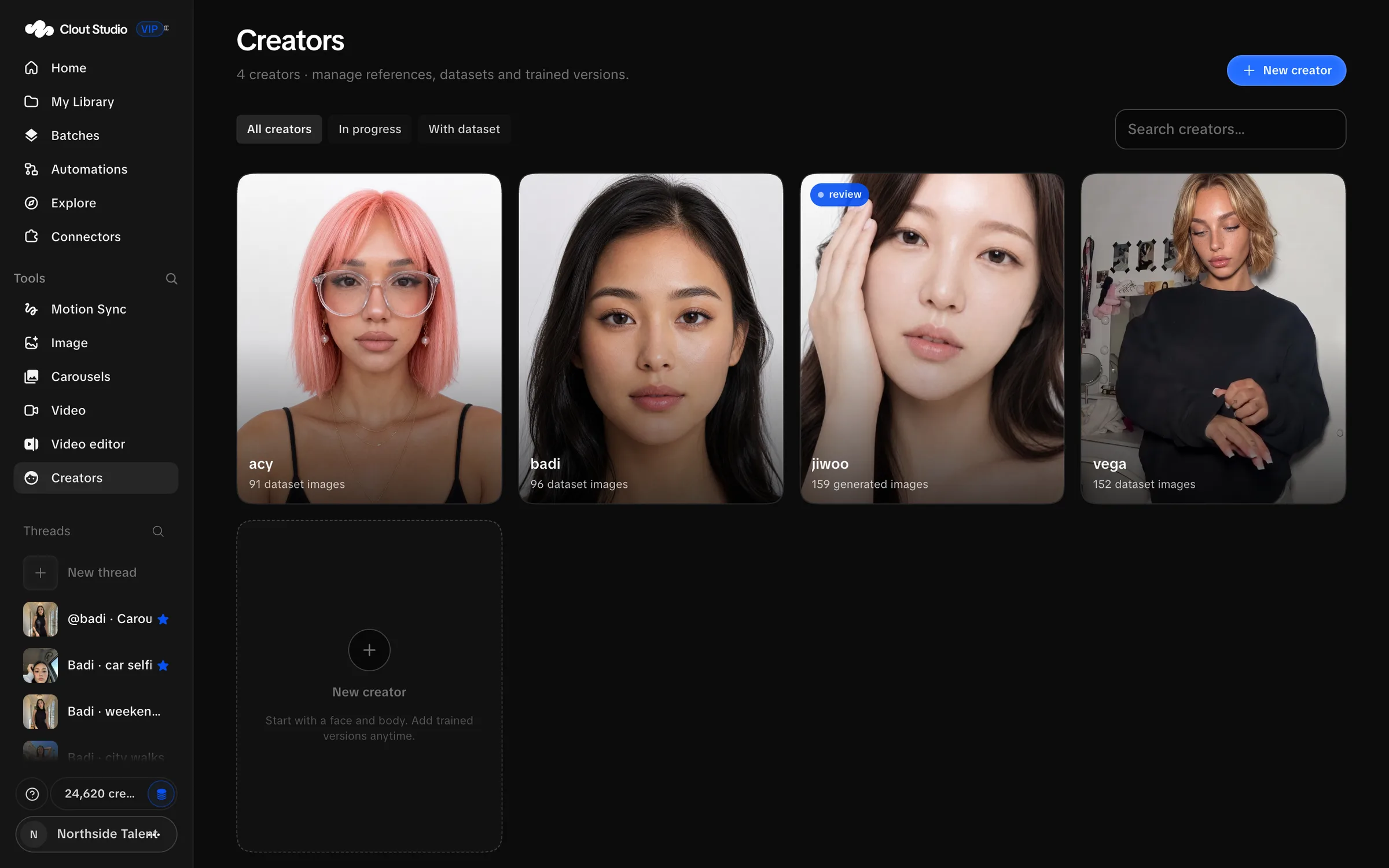 Creators page with four generated demo Creators and their dataset states