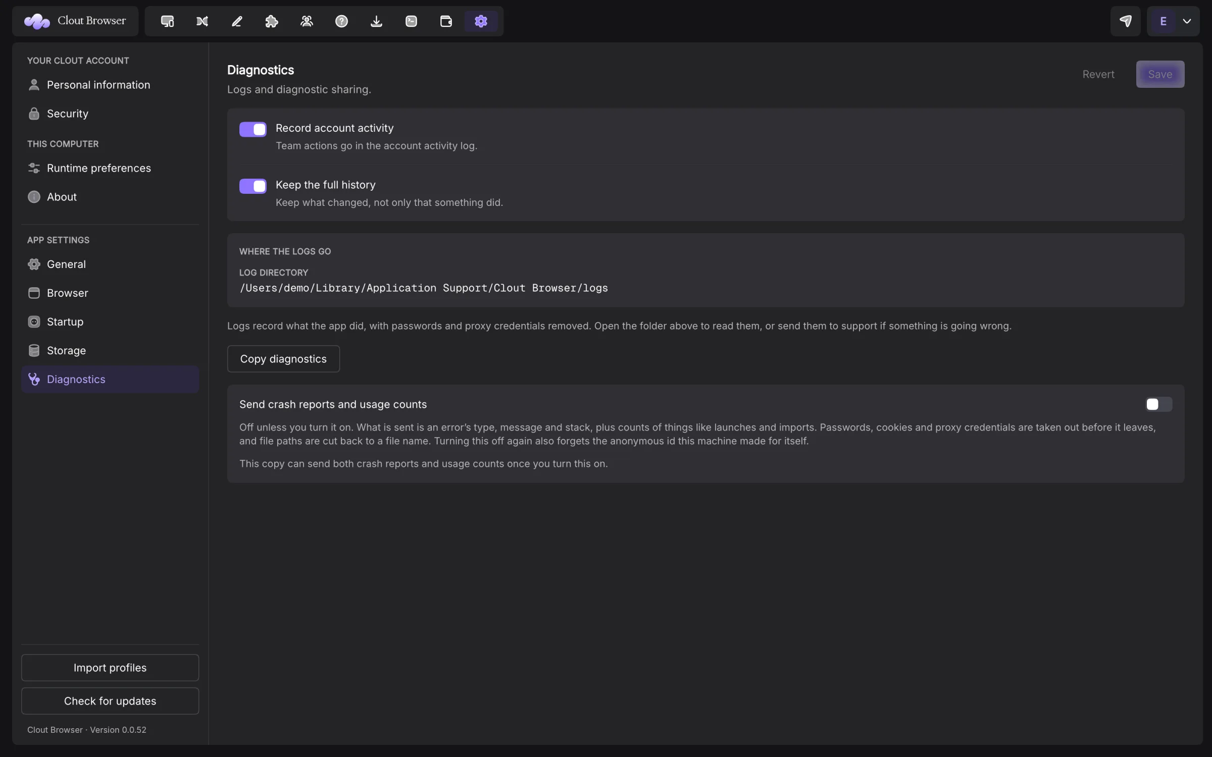 Complete Diagnostics settings window with independent reporting consent