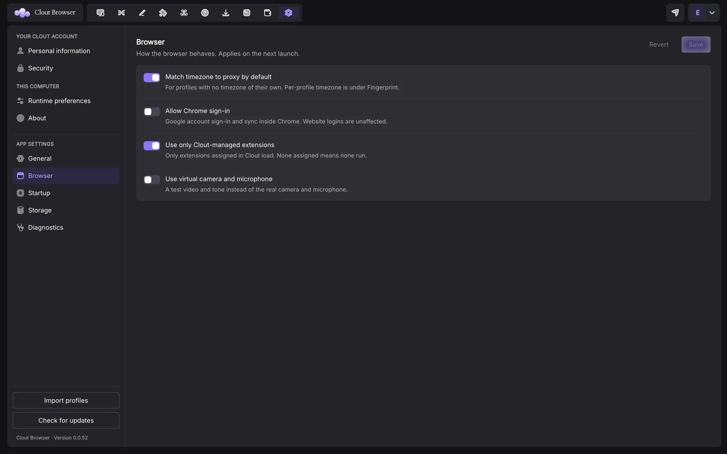 Complete Browser settings window with timezone, sign-in, extensions and virtual-device controls