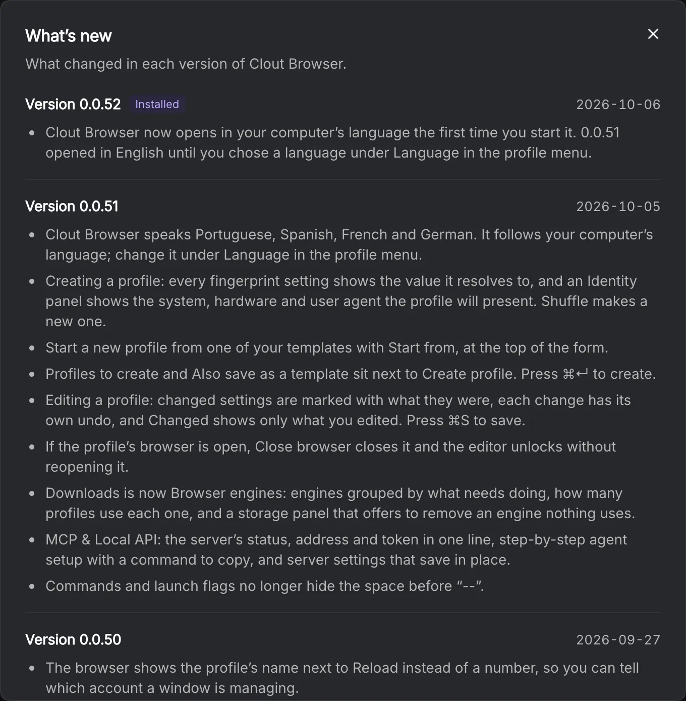 Complete What’s new dialog showing current app release notes
