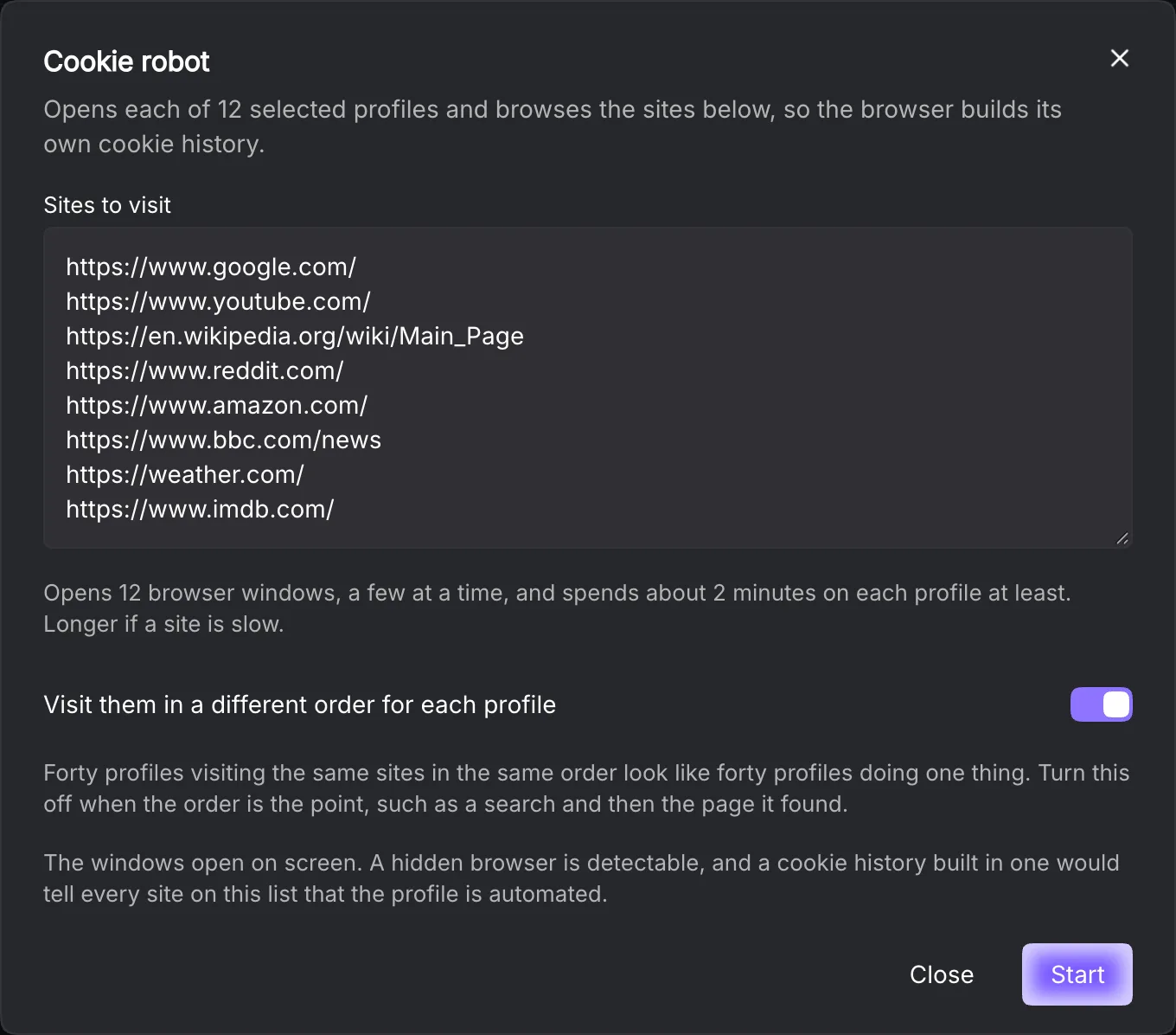 Complete Cookie robot dialog with its default site list and visit-order controls