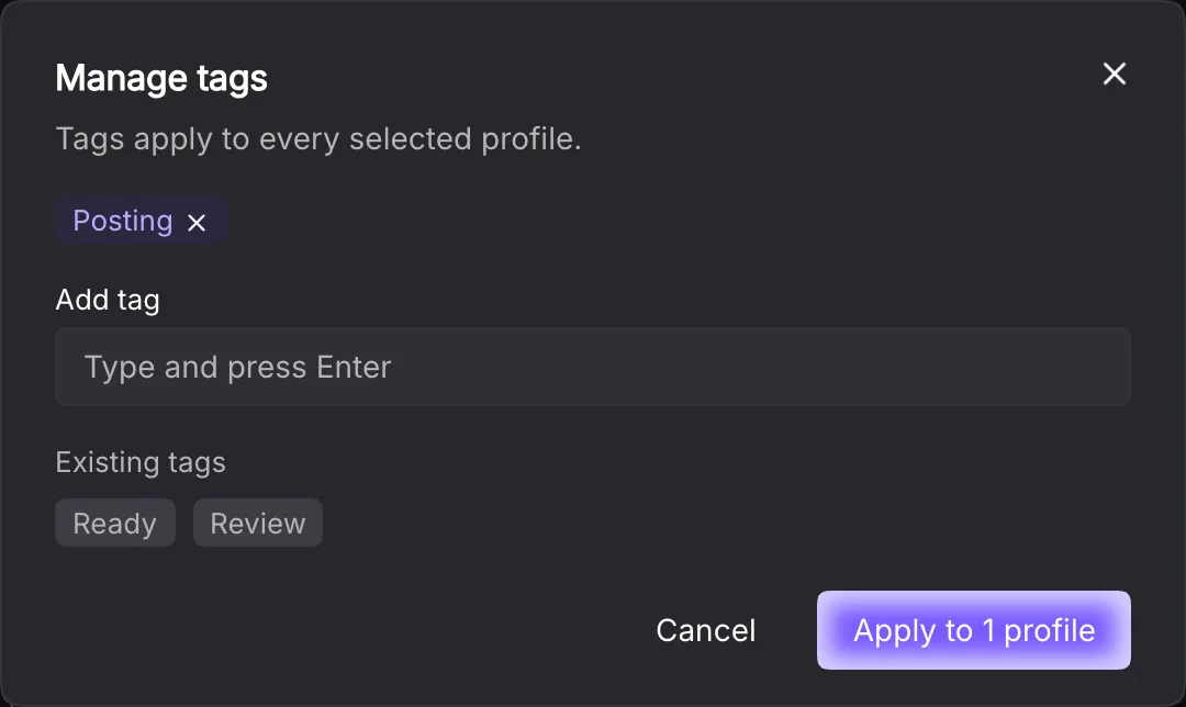 Complete Manage tags dialog showing the selected profile’s draft tags