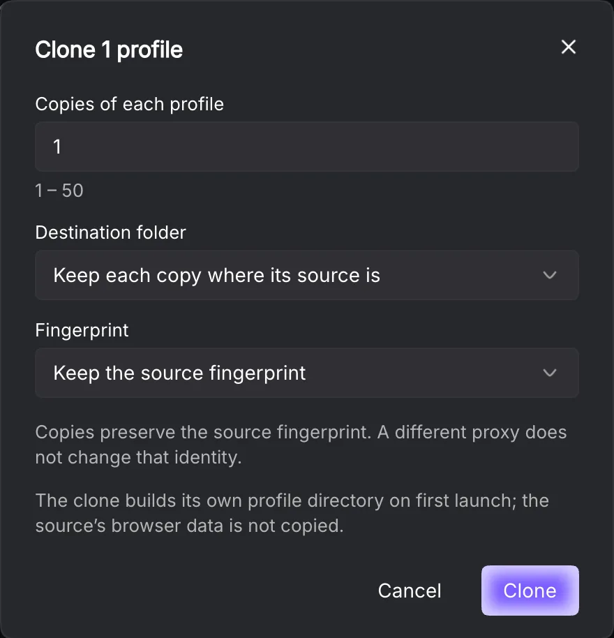 Complete clone dialog with copies, destination and fingerprint choices