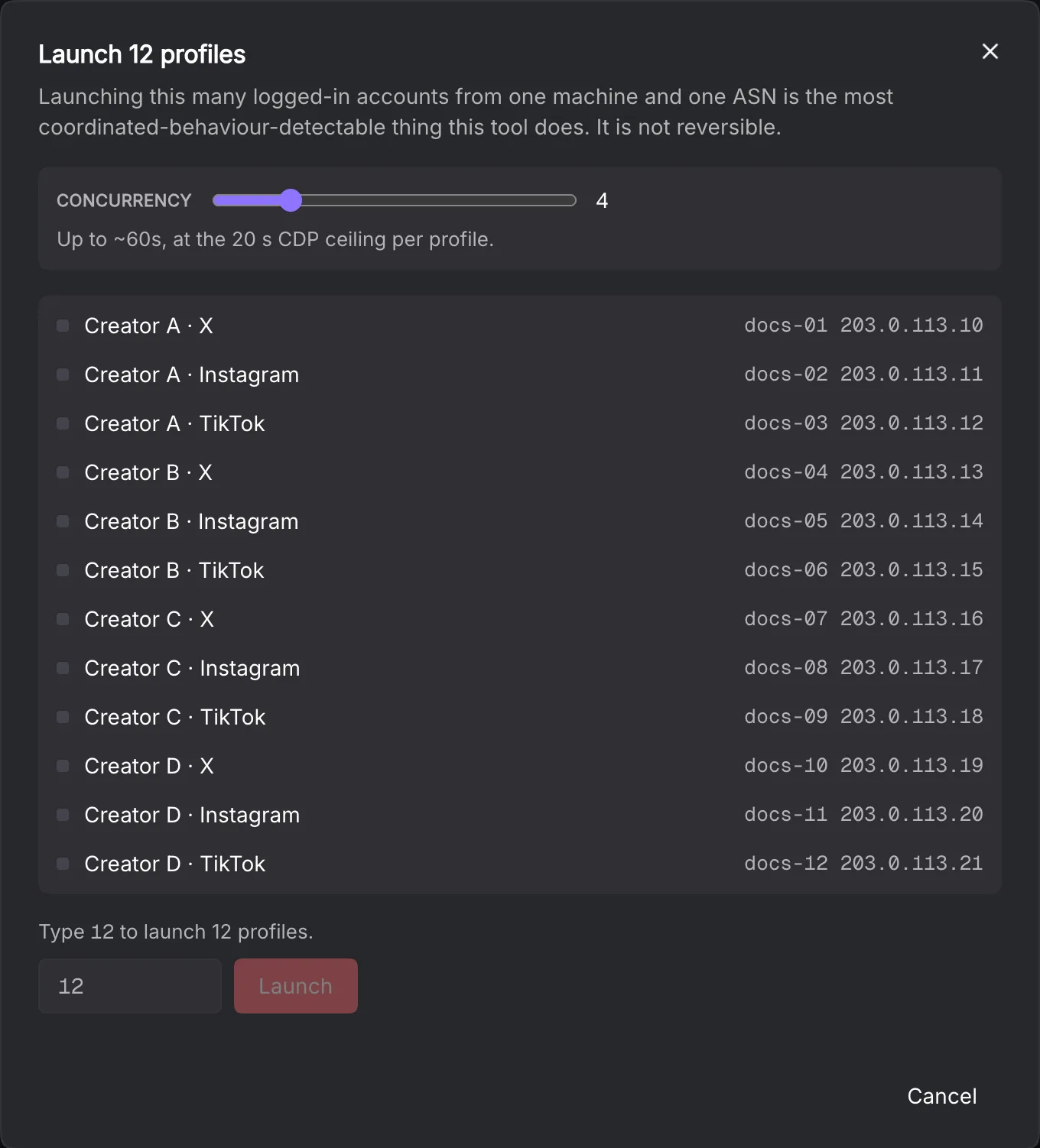 Complete launch manifest listing twelve synthetic targets and concurrency